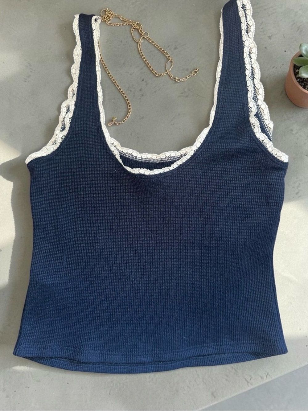 Hollister/Gilly Hicks Navy Lace-Trim Ribbed Tank Top. Size small.